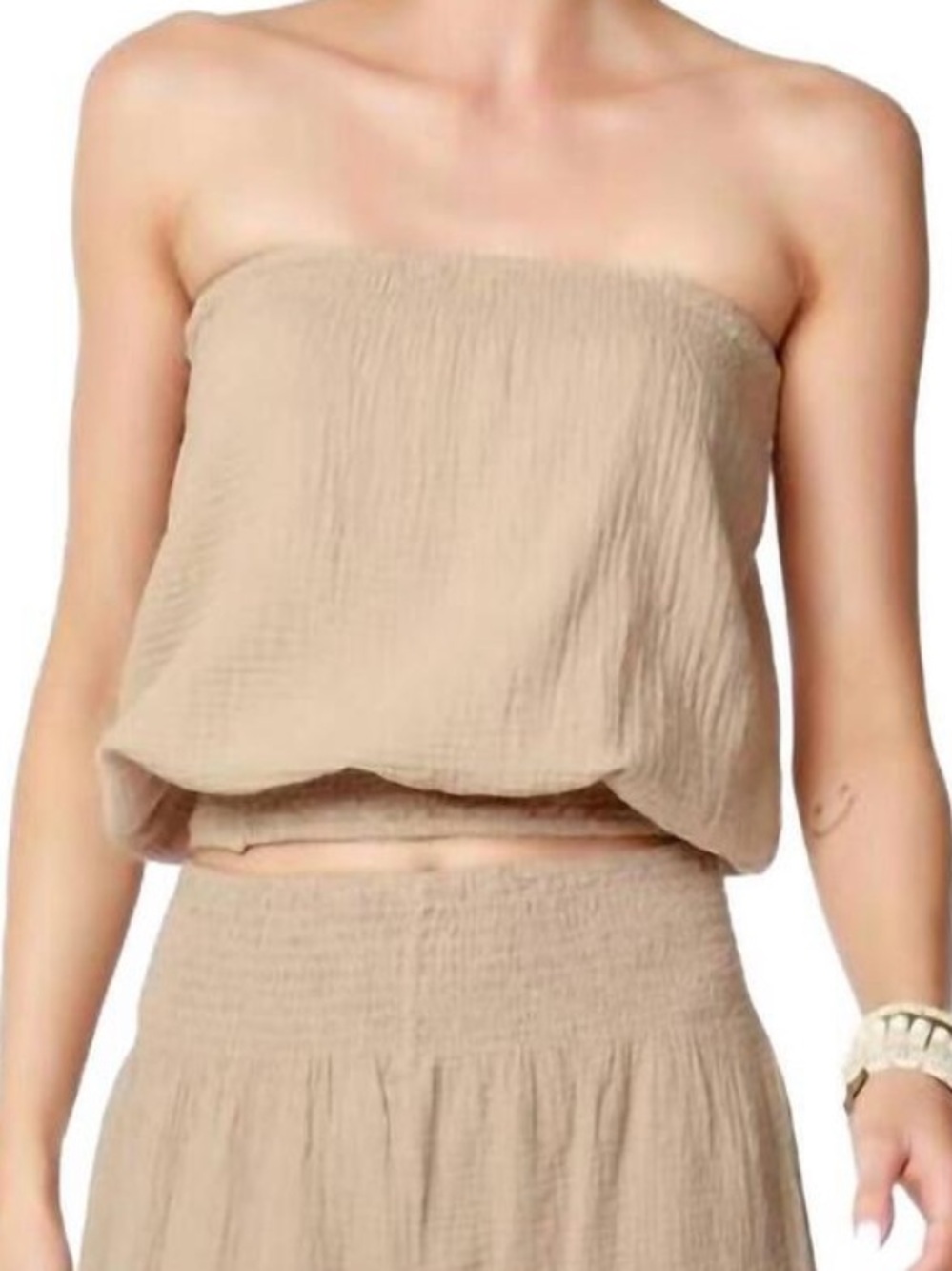 bobi Strapless Blouson Crop Top in Sand